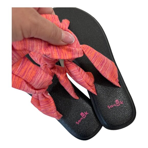 Sanuk Women SZ 7 Orange Stripes T-Strap Fabric Sandal Shoes Comfy Padded Insole - Picture 8 of 10